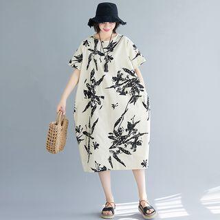 Short-sleeve Leaf Print Midi Dress As Shown In Figure - One Size