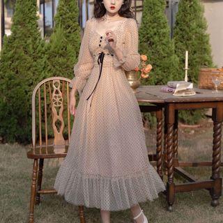 Bell-sleeve Dotted Mesh Midi A-line Dress