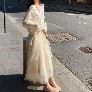 Pointelle Flower Detail V-neck Cardigan / Sequined Mesh Maxi A-line Skirt / Set