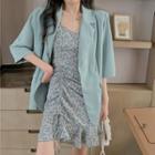 Elbow-sleeve Double-breasted Blazer / Spaghetti Strap Floral Print Drawstring Mini A-line Dress