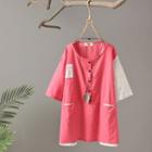 Short-sleeve Two-tone Blouse Watermelon Red - One Size