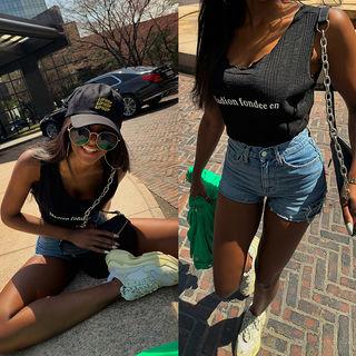 Sleeveless Letter Print Textured Top
