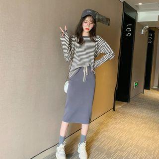 Set: Striped Long-sleeve T-shirt + Midi Straight-fit Skirt