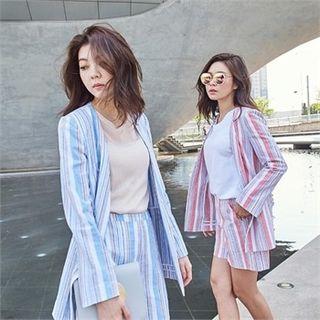 Padded-shoulder Linen Blend Striped Jacket