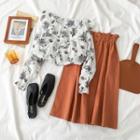 Flower Print Blouse / High Waist A-line Skirt