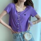 Short-sleeve Butterfly Embroidered Button Knit Top