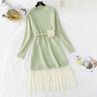 Set: Round Neck Long Sweater + Mesh Midi Skirt