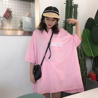Lettering 3/4-sleeve Polo Shirt Dress
