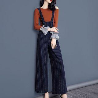 Set: Cold Shoulder Bell-sleeve Knit Top + Striped Jumper Pants