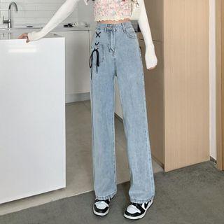 Lace-up Washed Wide Leg Jeans