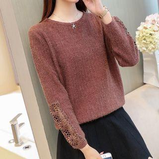 Long-sleeve Perforated Paneled Knit Top
