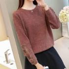 Long-sleeve Perforated Paneled Knit Top