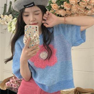 Short-sleeve Floral Jacquard Knit Top Blue - One Size