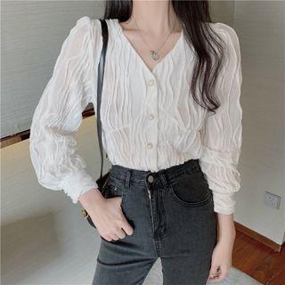 Long-sleeve V-neck Plain Pearl Button Ruched Blouse White - One Size