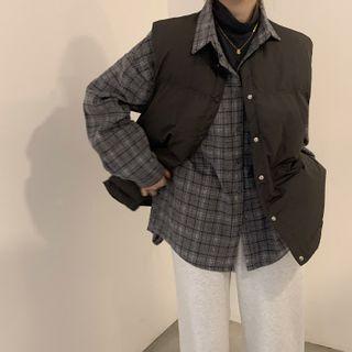 Plaid Shirt / Snap-button Padded Vest