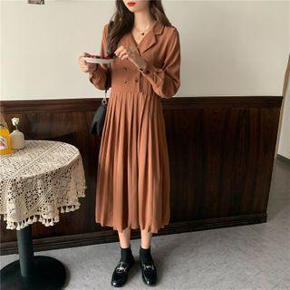 Collared Pleated Midi A-line Dress