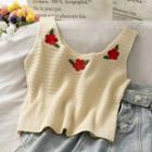 Cropped Flower-embroidered Knit Tank Top Almond - One Size
