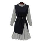 Set : Frill Trim Pinstripe Long-sleeve Dress + Slit Vest