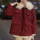 Fluffy Trim Pocket Detail Jacket Red - One Size