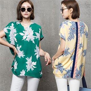 Notched-neck Floral Crepe Top