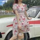 Floral Short-sleeve Midi A-line Dress Red & Pink Flowers - White - One Size