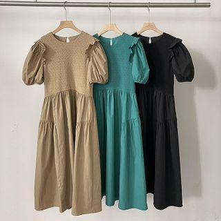 Round-neck Puff-sleeve Midi A-line Dress