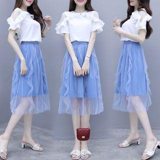 Set: Short-sleeve Blouse + Ruffle Midi A-line Skirt