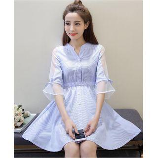 Striped Mesh Panel Elbow-sleeve A-line Dress