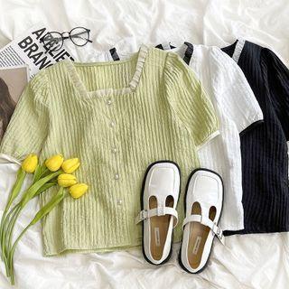 Puff-sleeve Ruffle Trim Square-neck Shirt