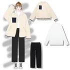 Long-sleeve Mock-neck Top / Furry Zip Jacket / Straight-cut Jeans