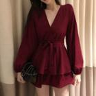 Long-sleeve V-neck Mini A-line Layered Dress