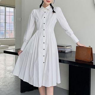 Pleated Midi A-line Shirt Dress