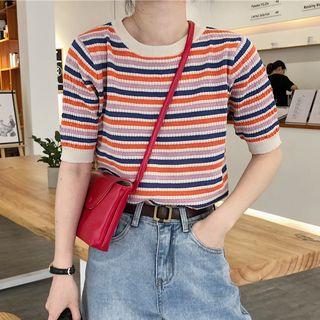 Short-sleeve Rainbow Striped Round-neck Top