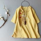 Embroidered Frog-button Elbow-sleeve Linen Blouse