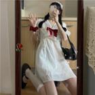 Bell-sleeve V-neck Ribbon Mini A-line Dress White - One Size