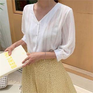 Faux-pearl Buttoned Fringe-trim Blouse White - One Size