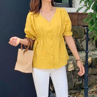 Puff-sleeve Drawstring Linen Blouse