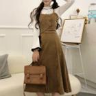 Strappy Corduroy Midi A-line Dress/ Contrast-trim Long-sleeve Knit Top