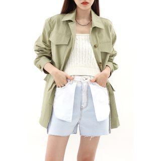 Flap-pocket Drawstring Jacket Khaki - One Size