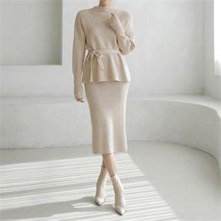 Set: Mock-neck Wide-cuff Knit Top + Skirt With Sash