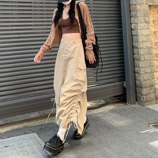 High Waist Plain Drawstring Ruched Maxi Skirt