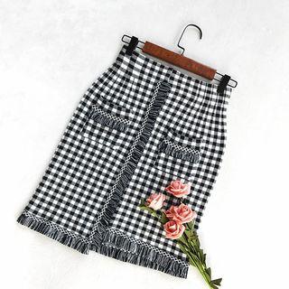 Fringed Trim Checked Pencil Skirt As Shown In Figure - One Size