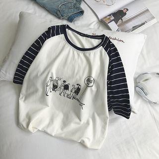Striped Panel Raglan 3/4 Sleeve Printed T-shirt