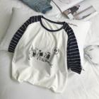 Striped Panel Raglan 3/4 Sleeve Printed T-shirt
