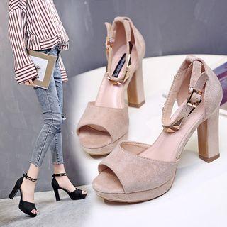 Faux Suede Studded Peep Toe Chunky Heel Pumps