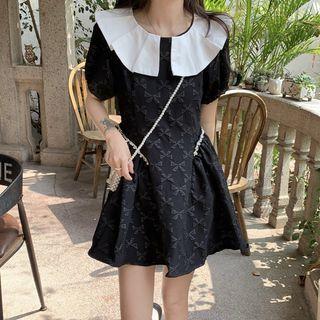 Short-sleeve Collar Embellished Mini A-line Dress