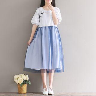 Stripe Panel Elbow-sleeve A-line Midi Dress