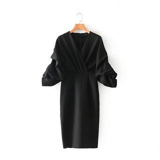 Plain V-neck 3/4 Sleeve Pencil Dress