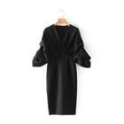 Plain V-neck 3/4 Sleeve Pencil Dress
