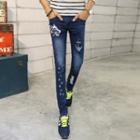 Print Distressed Slim-fit Jeans
